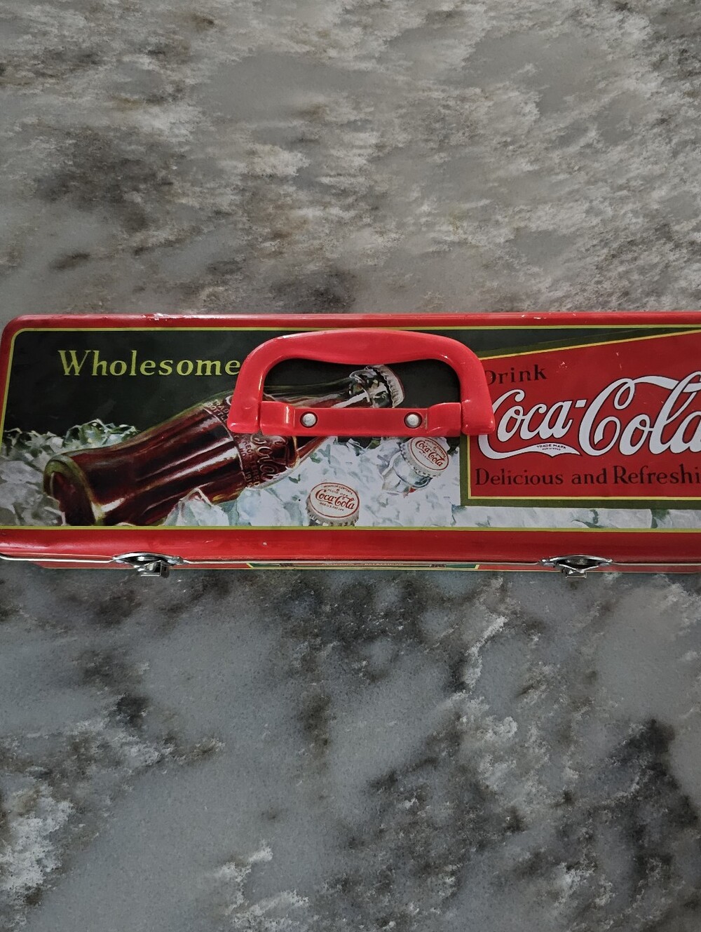 Coca-Cola Metal Utility Storage Box Tin Collectible Retro Red Handle Case 66062